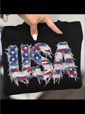 Black T-Shirt with Distressed American Flag "USA" Applique